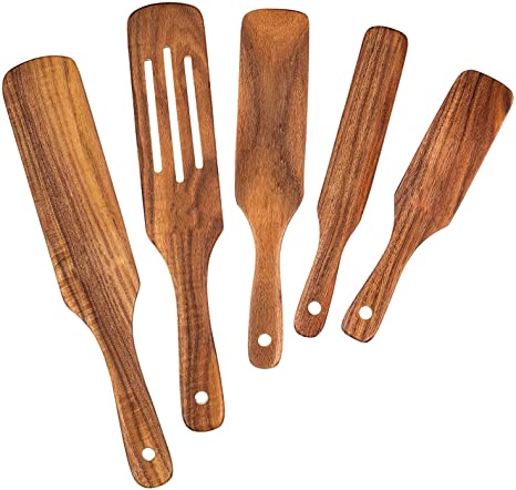 Wooden Spurtle Set, Spurtles Kitchen Tools As Seen on TV, Wooden Spatula and Spurtle Set, Teak Wood Heat Resistant & Nonstick Wooden Spoons for Cooking, Spurtle for Stirring, Mixing, Serving（5）