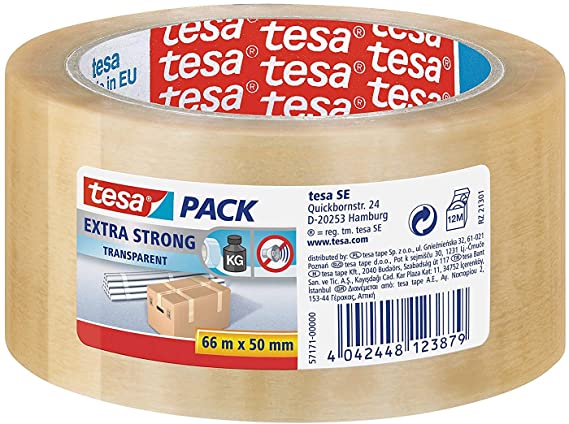 tesa Extra Strong PVC Packing Tape for Packing Heavy Parcels and Boxes, Clear, 6 Pack, 66 m x 50 mm