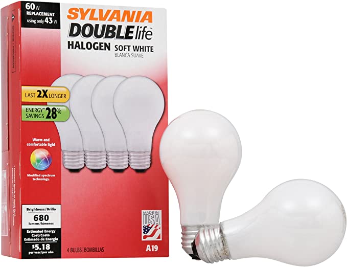 SYLVANIA Halogen Lamp Double Life/Dimmable Light Bulb A19 / Energy-Saving Replacement for 60W Incandescent/Medium Base E26 / 43 Watt / 2750K – Soft White, 4 Pack