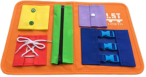 Busy Board Dress Learning Toys for Fine Motor Skills & Learn to Dress, Basic Life Skills Sensory Board, Learn to Zip, Snap, Tie Shoe Laces and Buckle (Type1, Orange)