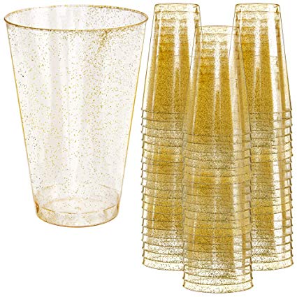 Disposable Plastic Party Cups – 14oz, 50 Pack - Fun Gold Glitter Design - Heavy Duty Glasses for Parties and Events – Durable and Reusable – By Prestee