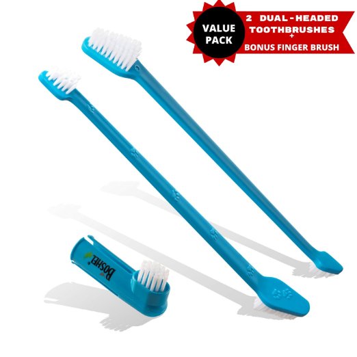 Dog Toothbrush Set By Boshel® - 2 Dual-headed Brushes For Better Dog Dental Care And Dog Breath Freshener - BONUS Finger Toothbrush Included - Veterinarian Recommended - Use With Dog Toothpaste