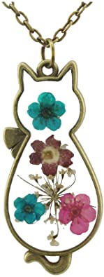 FM FM42 Multicolor Dried Flowers Cat Shape Pendant Necklace with 27" Long Chain FN2098