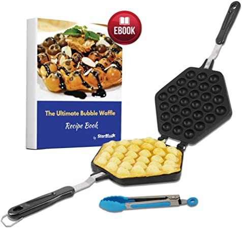 Bubble Waffle Maker Pan by StarBlue with FREE Recipe ebook and Tongs - Make Crispy Hong Kong Style Egg Waffle in 5 Minutes