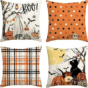 AVOIN colorlife Halloween Boo Dead Tree Ghost Spooky Dog Polka Dots Throw Pillow Covers, 18 x 18 Inch Cat Moon Pumpkin Bat Plaid Cushion Case Decoration for Sofa Couch Set of 4