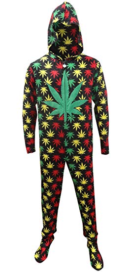 Underboss Men's Rasta Ganja Weed Leaf Footie Onesie Pajamas with Hood Black