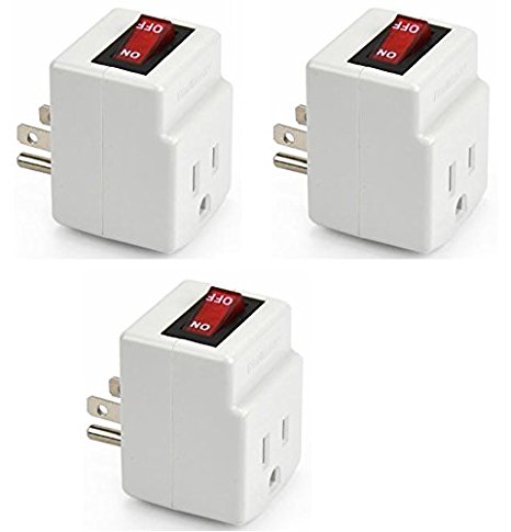 NEW! 3 Prong Grounded Single Port Power Adapter for outlet with On/Off Switch to be energy saving with indicator light - 3 Pack