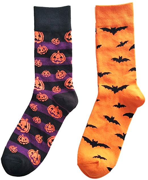 SherryDC Men's Halloween Pumpkins Bats Novelty Fun Crew Length Casual Dress Socks 2-Pack