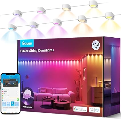 Govee RGBIC String Downlights, Smart LED String Lights Works with Alexa, Wi-Fi Color Changing Indoor Wall Light Fixture for Party, 32.8ft with 50 LEDs, Music Sync, White