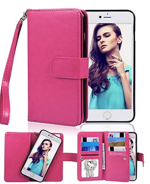 iPhone 6 Case, Crosspace iPhone 6s Flip Wallet Case Premium PU Leather 2-in-1 Protective Magnetic Shell with Credit Card Holder/Slots and Wrist Lanyard for Apple iPhone 6/6s 4.7" (Rose)