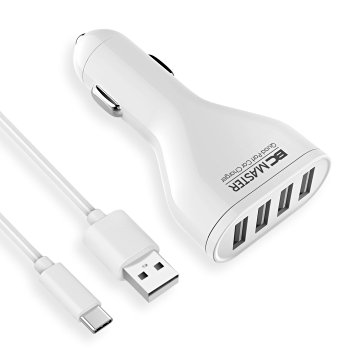Family Travels Car Charger, BC Master 4-Port 48W 5V/2.4Ax4 Fast Charger in Car for Phones, Tablets, Bluetooth Headphone, External Battery Pack, Kindle and More - White