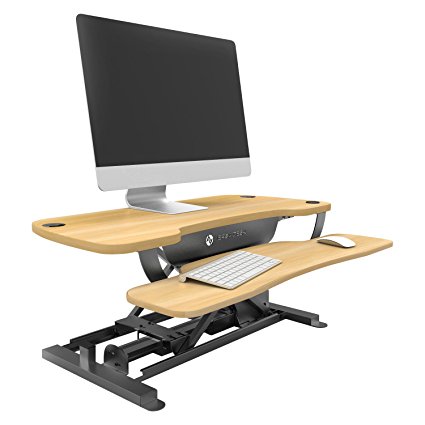 VersaDesk Power Pro - 36" Electric Height Adjustable Standing Desk Riser. Power Sit to Stand Desktop Converter with Keyboard Tray. Maple.