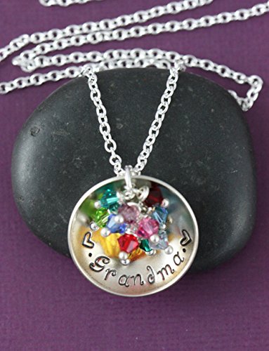 Personalized Grandma Necklace – DII - Mother’s Day Gift – Handstamped Handmade Jewelry – 1 Inch 25.4MM Disc – Choose Birthstone Colors – Customize Name – Fast 1 Day Shipping