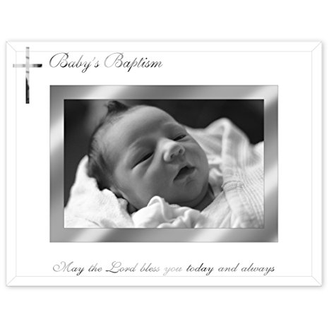 Malden International Designs Baby's Baptism Mirrored Glass With Silver Metal Inner Border Picture Frame, 4x6, Silver