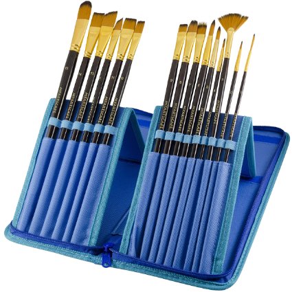 Paint Brushes - 15 Pc Brush Set for Watercolor Acrylic Oil and Face Painting  Long Handle Artist Paintbrushes with Travel Holder Cool Blue and Free Gift Box  Premium Art Supplies by MyArtscape8482  1 Year Warranty
