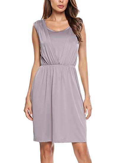 ACEVOG Women’s Round Neck Pleated Waist Sleeveless Casual Shirt Dresses