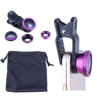 Evershop® Universal 4 in 1 Iphone Lens Camera Phone Lens Kit Clip on Fish Eye Lens   2 in 1 Macro Lens   Wide Angle Lens   CPL Lens Camera Lens Kit for Smart Phones (Purple)