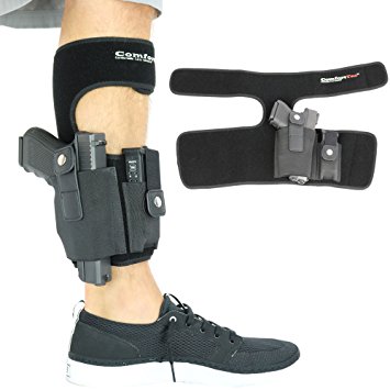 ComfortTac Ankle Holster With Calf Strap and Spare Magazine Pouch For Concealed Carry | One Size Fits All | Fit Glock 19, 42, 43, 36, 26, S&W Bodyguard, M&P Shield, Ruger LCP, LC9, And Similar Gun