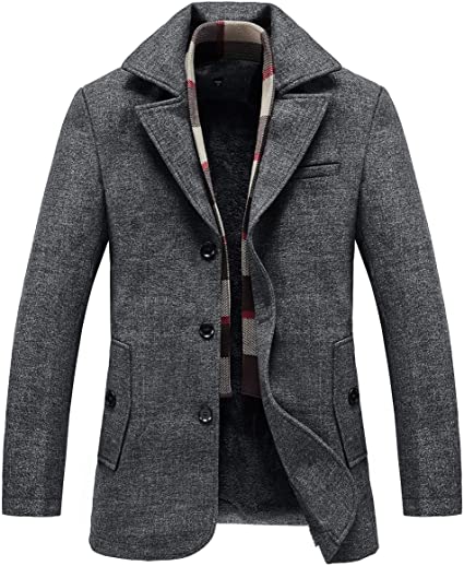 RongYue Men's Warm Winter Single Breasted Wool Blend Coat with Removable Soft Wool Plaid Scarf