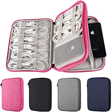Electronics Organizer, 2 Layer Electronic Accessories Organizer Travel Storage Bag for Charging Cable, phone, Power Bank, Mini Tablet (Up to 7.9''), Make up Organizer Bag for Traveling (Rose)
