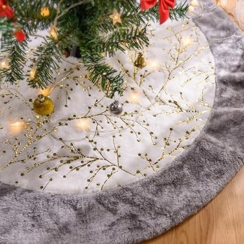 Lanpn 48" Christmas Tree Skirt, Large Plush Patchwork Gold Faux Fur Xmas Tree Skirts 120cm Tree Mat Base Cover for Winter Christmas Holiday Indoor Decorations (Gold, Branches)