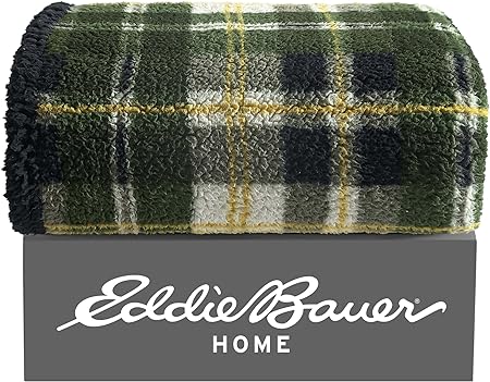 Eddie Bauer- Throw Blanket, Ultra Soft Plush Sherpa Home Décor, Reversible All Season Bedding (Trailhead Plaid Green, 50 x 60)