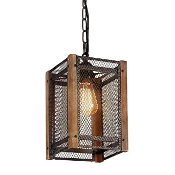 Anmytek Metal Nets Shade Pendant with Wooden Frame 1 Light Metal Cage Chandelier Anitque Rustic Loft Style Home Decorative Lighting Fixture Black Painted Finishing Hanging Lamp