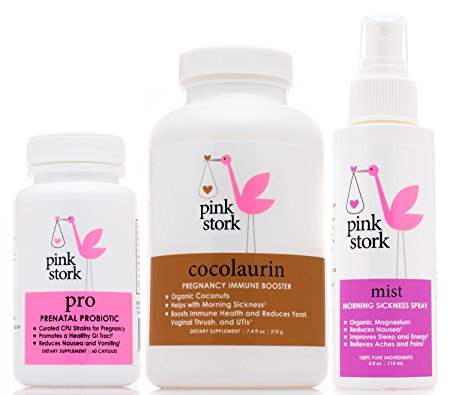 Pink Stork Starter Bundle: Morning Sickness Relief and Prenatal Health –Fight Fatigue, Nausea, Improve Gut Health –Immune Booster from Organic Coconuts, Magnesium Spray, & Pregnancy Probiotic