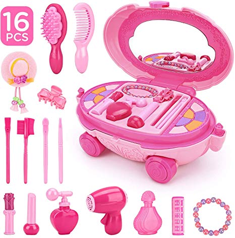 KKONES Pretend Makeup for Girls - 16 Piece Play Makeup Set- Exquisite Cosmetic case with Colorful LED and Music - Realistic Toys Makeup Set for Girls Party Game Birthday Best Gift