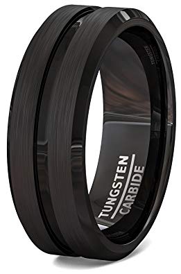 Duke Collections Mens Wedding Bands Black Tungsten Ring Brushed with Center Groove Line Line and Beveled Edges