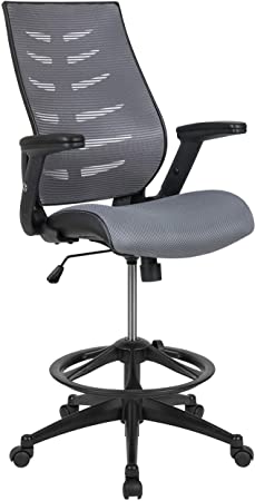 Flash Furniture High Back Dark Gray Mesh Spine-Back Ergonomic Drafting Chair with Adjustable Foot Ring and Adjustable Flip-Up Arms