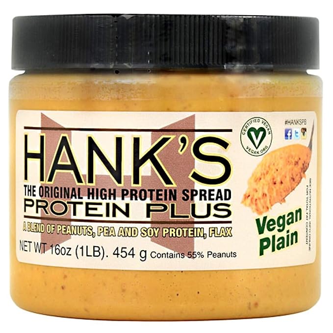 Hank's Protein Plus Vegan Protein Peanut Butter Spread, Natural Peanut Butter, 1 lb
