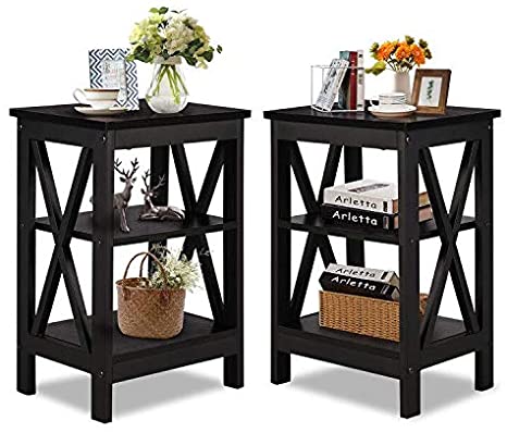 VECELO Modern Versatile Nightstands X-Design Side End Table Night Stand Storage Shelf with Bin Drawer for Living Room Bedroom, Set of 2 (Black A2)