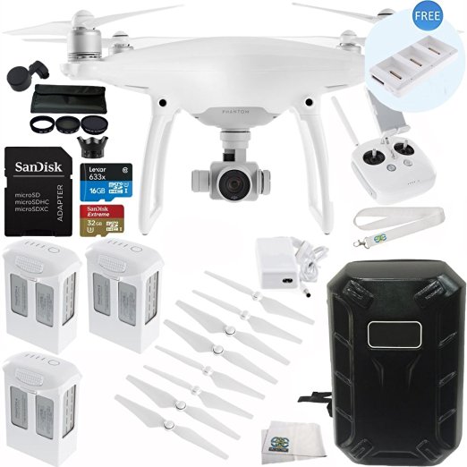 DJI Phantom 4 Quadcopter Drone with Manufacturer Accessories   2 Extra DJI Intelligent Flight Batteries   SanDisk Extreme 32GB microSDHC Memory Card   7PC Filter Kit (UV-CPL-ND2-400-Hood-Case)   MORE