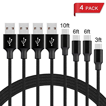 Micro USB Cable,UPMSX 4Pack 3FT/6FT/6FT/10FT Long Premium Nylon Braided Android Charger USB to Micro USB Charging Cable Cord for Samsung, Nexus, LG, HTC, Motorola, Android Smartphone etc [Black]