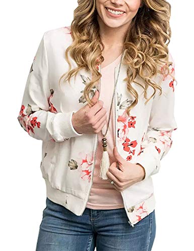 ChainJoy Women Floral Print Zipper Jacket Classic Long Sleeve Fall Short Bomber Jacket Coat