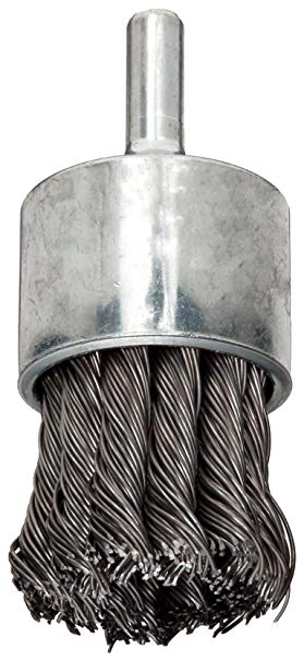 Weiler Wire End Brush, Hollow End, Round Shank, Steel, Partial Twist Knotted, 1-1/8" Diameter, 0.02" Wire Diameter, 1/4" Shank, 22000 rpm (Pack of 1)