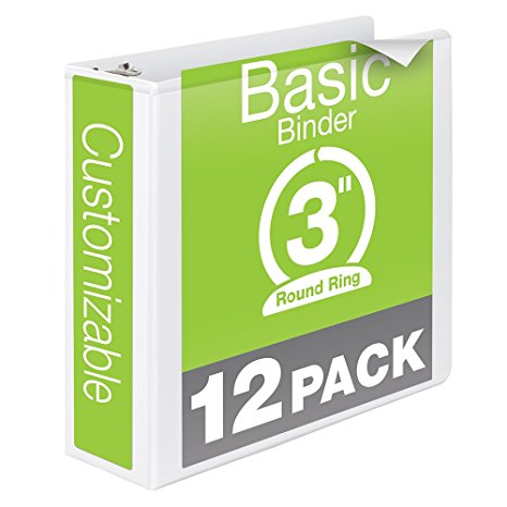 Wilson Jones 3 Inch 3 Ring Binder, Basic Round Ring View Binder, White, 12 Pack (W362-49WPK)