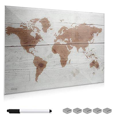 Navaris Magnetic Glass Memo Board - 90x60cm World Map Design Magnet Board Writable Dry-Erase Planner Board with Pen and Magnets for Office or Kitchen