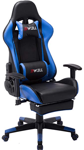 Computer Gaming Chair, Height Adjustable Swivel PC Chair with Retractable Footrest Headrest and Lumbar Massager Cushion Support Leather Reclining Executive Office Chair (Black&Blue)