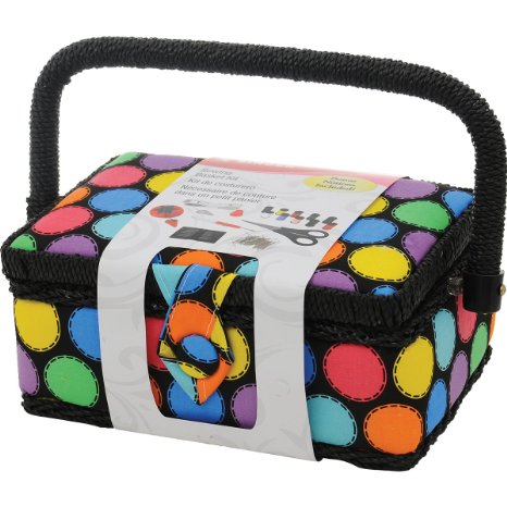 SINGER Polka Dot Small Sewing Basket with Sewing Kit Accessories