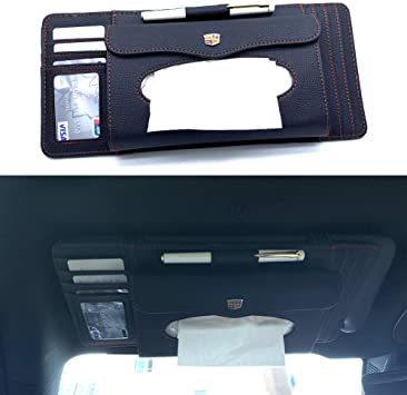 DEFTEN Car Sun Visor Organizer 4 in 1 Organizer Multifunction Leather Car Storage Bag with Tissue Box，CD Holder，Card Bag，Pen Holder for Cadillac XT6 XT5 XT4 CT6 CT5 XTS CTS ATS SLS Escalade