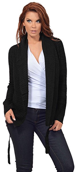 Women's Casual Ribbed Open Front Long Sleeve Wrap Belt Cardigan