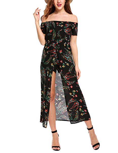 Beyove Women Floral Print Off The Shoulder High Low Romper Jumpsuit Maxi Dress