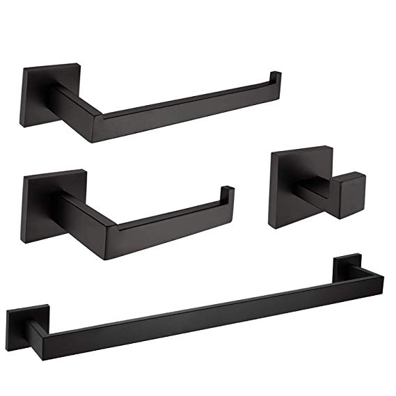 Nolimas Rustproof 4-Piece Black Bathroom Hardware Set Including Towel Bar Toilet Paper Holder Towel Holder Robe Hook SUS304 Stainless Steel Wall Mount Contemporary Square Style Accessory,Matte Black