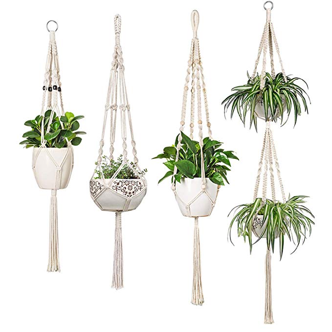 Mkono Macrame Plant Hangers Set of 4 Indoor Hanging Planter Basket Different Style Flower Pot Holder Boho Home Decor