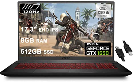 MSI 2020 GF75 Thin Gaming Laptop 17.3" FHD 120Hz IPS Display 10th Gen Intel Core i5-10300H(&gt;i7-8750H) 8GB RAM 512GB SSD GeForce GTX 1650 4GB, Backlit Win 10   iCarp HDMI Cable