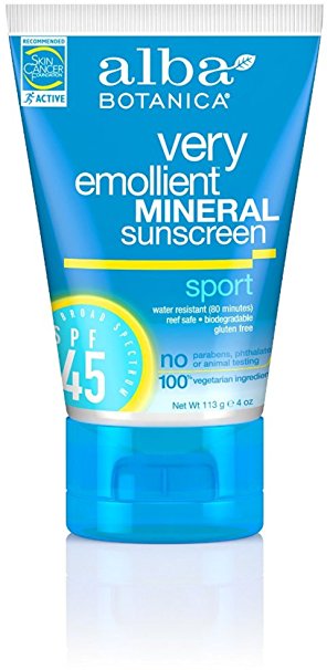 Alba Botanica Very Emollient Sport Mineral Sunscreen, SPF 45 4 oz (Pack of 5)