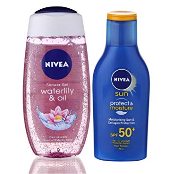 Nivea Sun and Shower Combo (Moisturising Sun Lotion SPF 50, 75ml and Waterlily and Oil Shower Gel, 250ml)