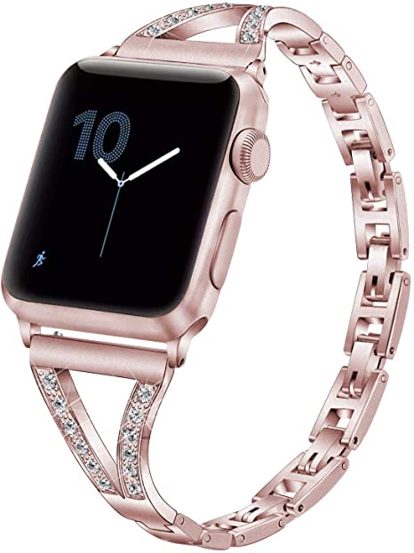 PUGO TOP Strap Replacement for Apple Watch Series 6 5 4 SE 40mm/44mm iWatch Series 3 2 1 38mm 42mm,Adjustable Bling Metal Band with Rhinestones for Apple Watch (38mm/40mm, Rose Gold(for series 1&2))